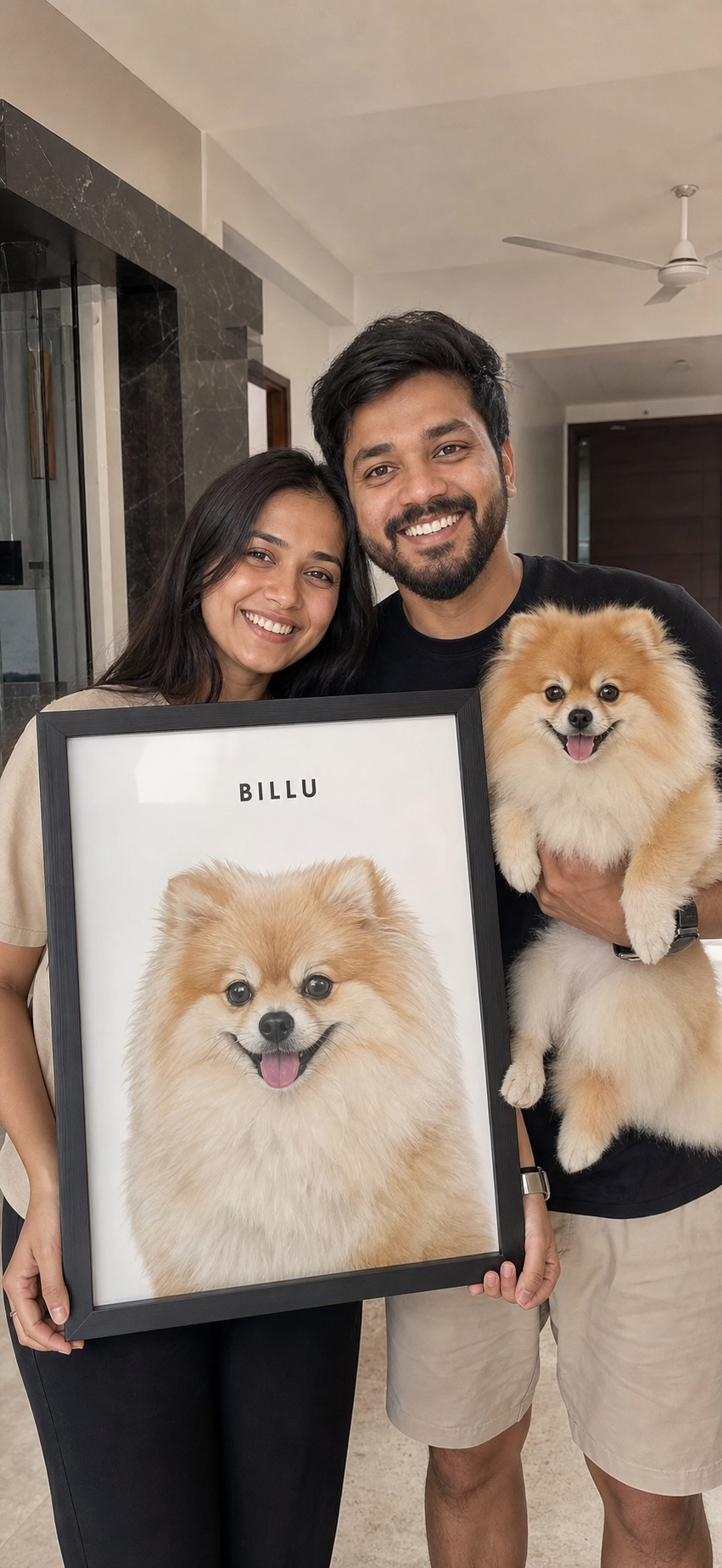 Young Indian couple smiling with their Pomeranian Billu and his framed portrait