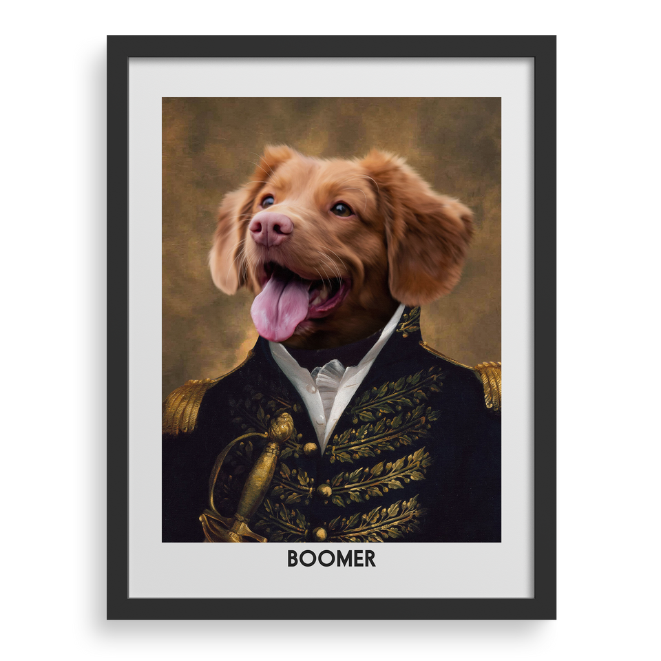 Black framed royal portrait of a brown dog named Boomer