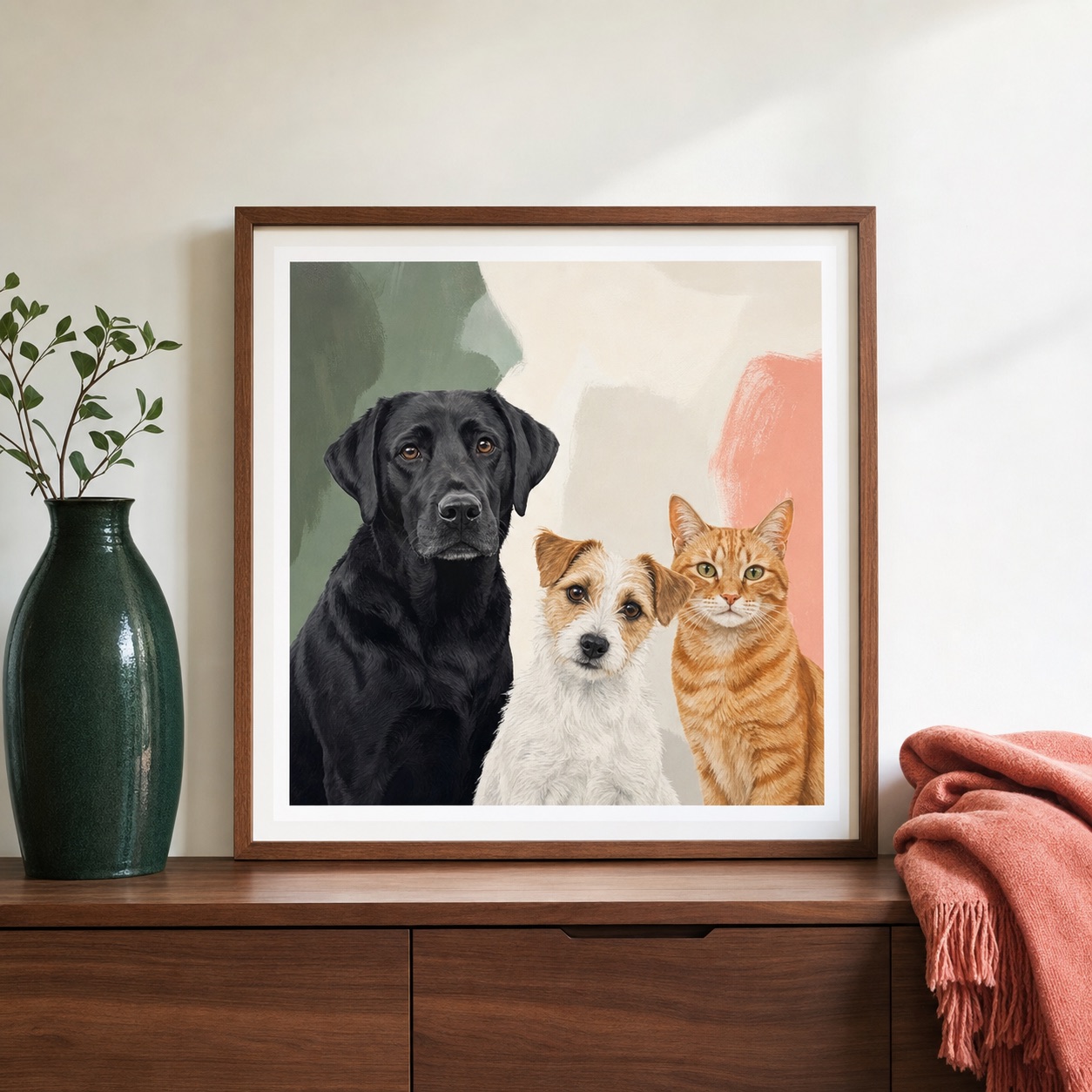 Framed family portrait of two dogs and an orange tabby cat