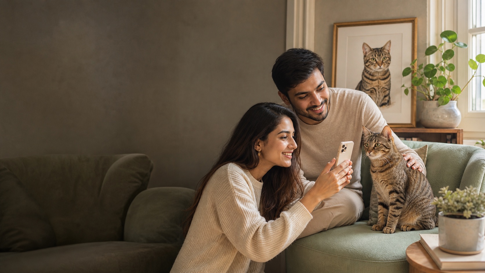 Young Indian couple photographing their tabby cat beside its portrait