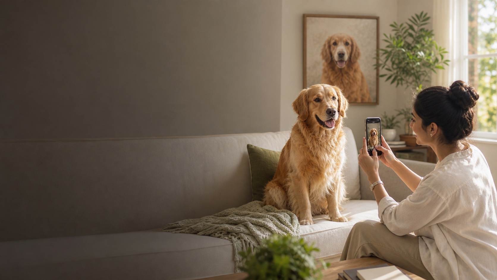 Indian woman photographing her golden retriever beside its framed portrait