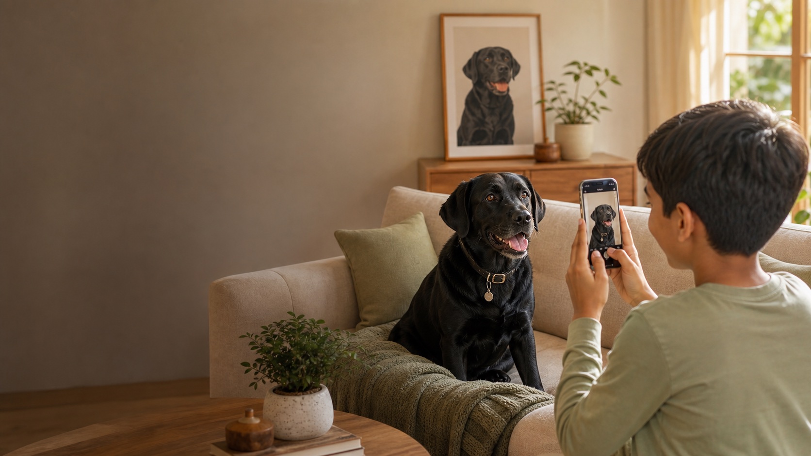 Young Indian boy photographing his black Labrador beside its portrait