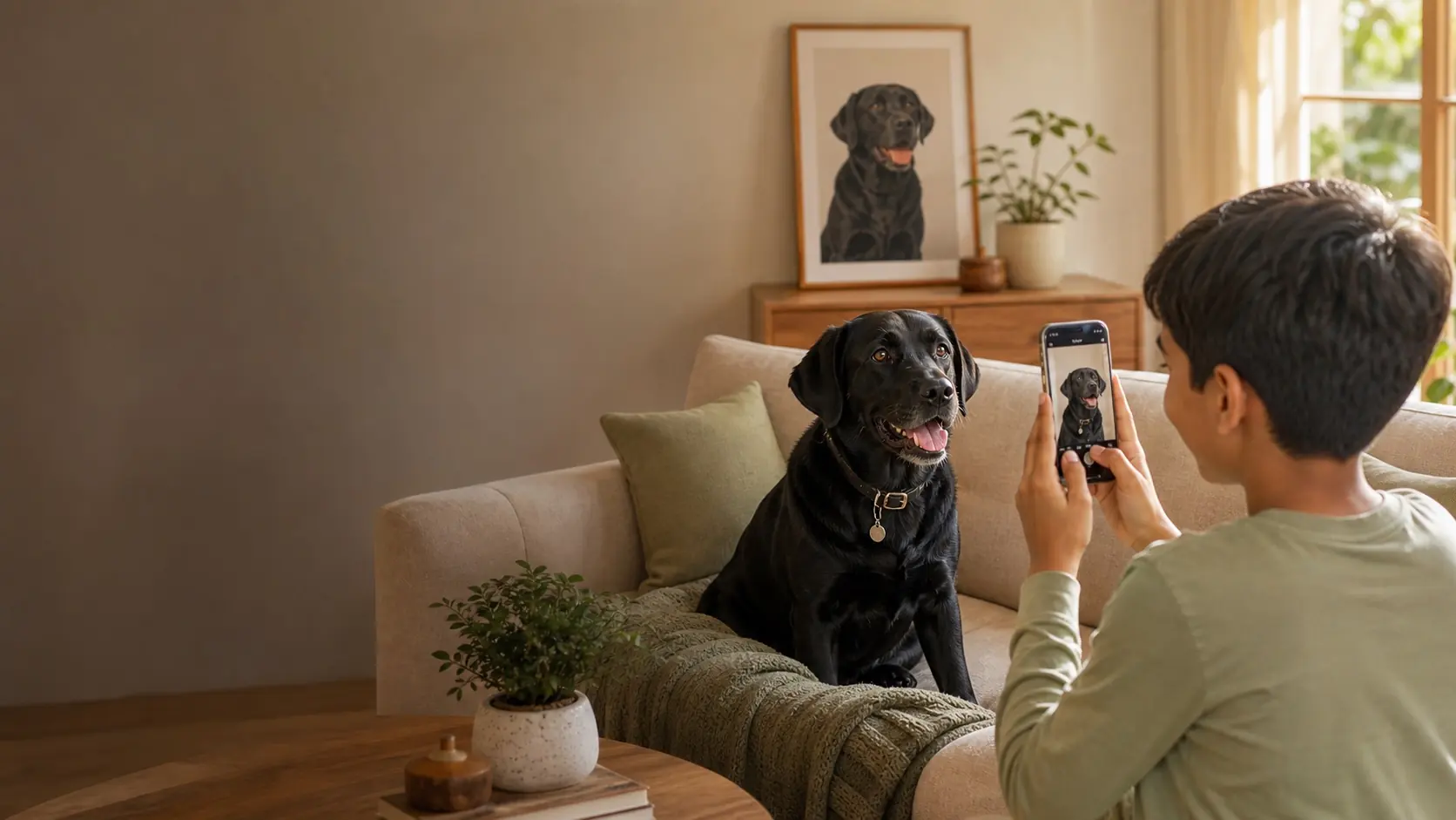 Young Indian boy photographing his black Labrador beside its portrait