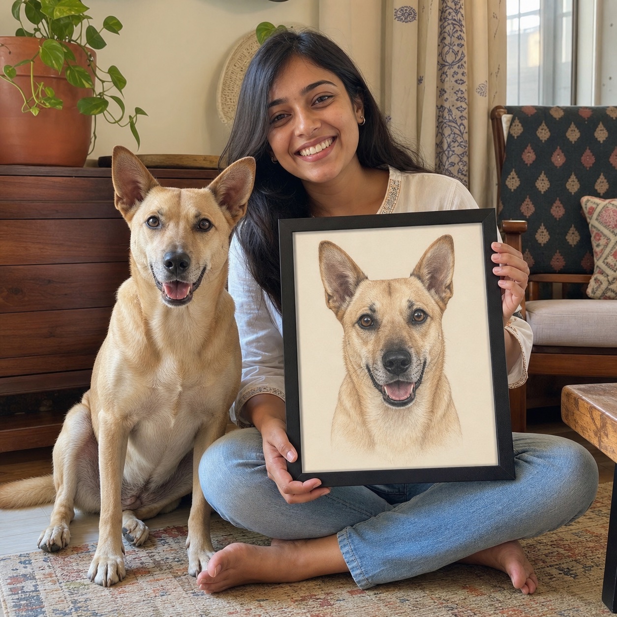 Indian pet owner with an indie dog and its finished Paw and Pine portrait