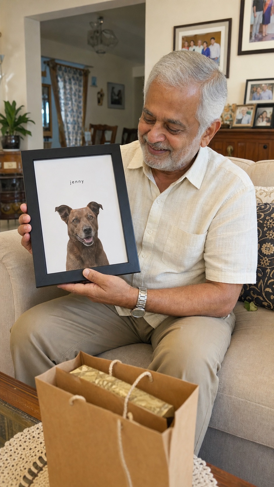 Older Indian father smiling as he holds a framed portrait of his brown dog Jenny