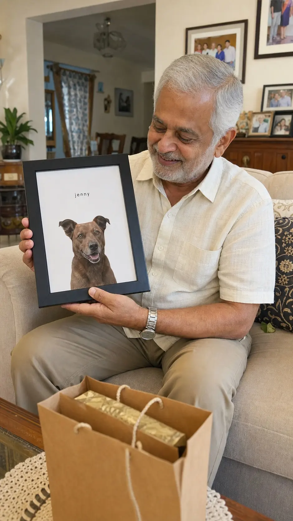 Older Indian father smiling as he holds a framed portrait of his brown dog Jenny