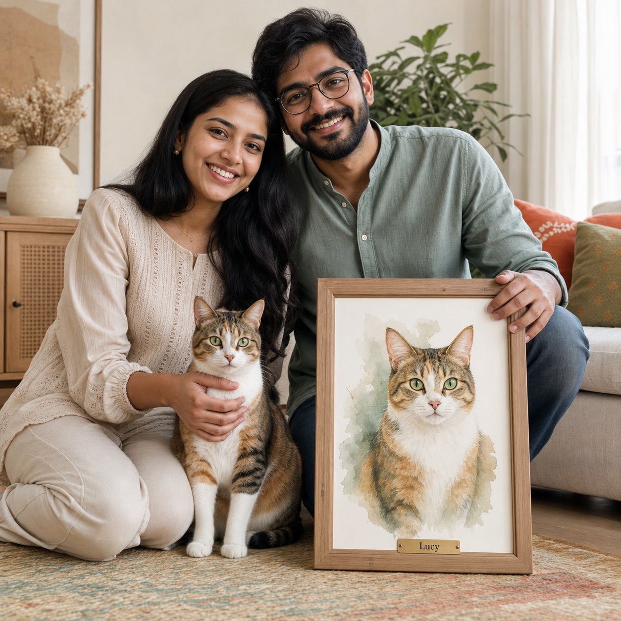 Indian couple with their cat Lucy and her framed watercolor portrait