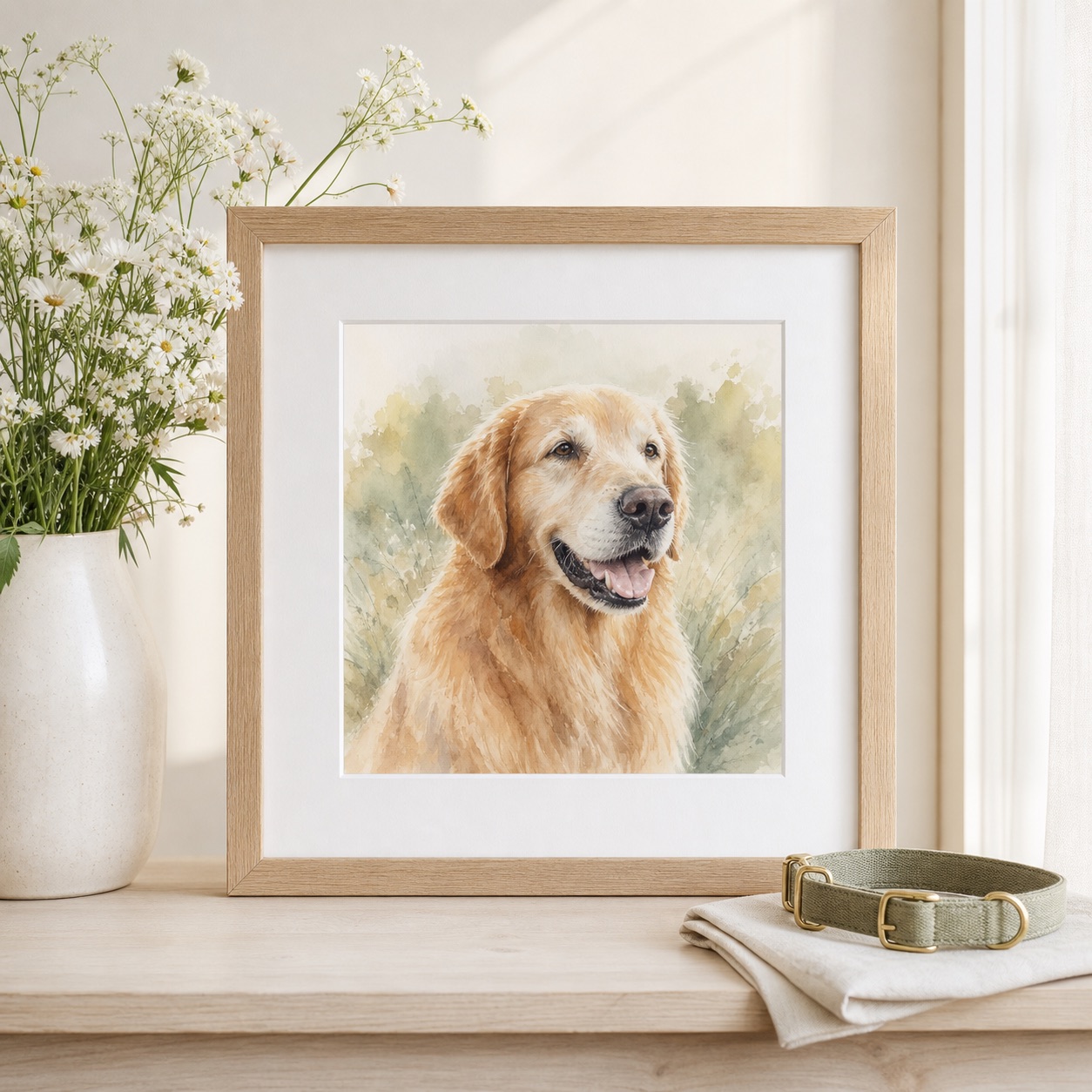 Golden retriever memorial portrait with white flowers