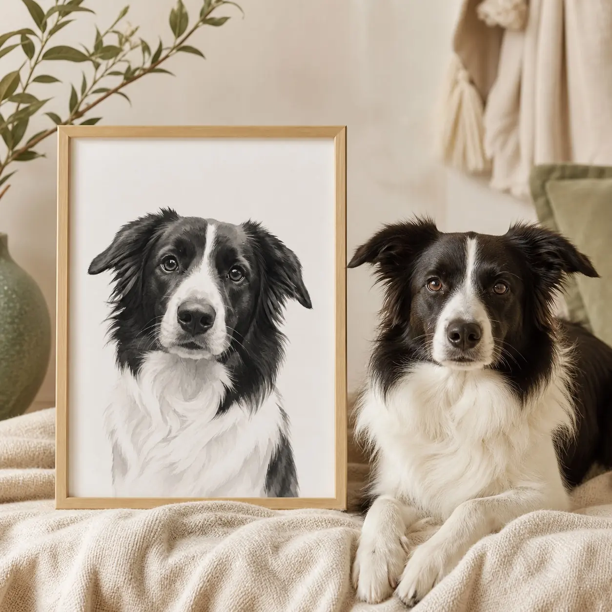 Framed illustrated pet portrait next to a dog