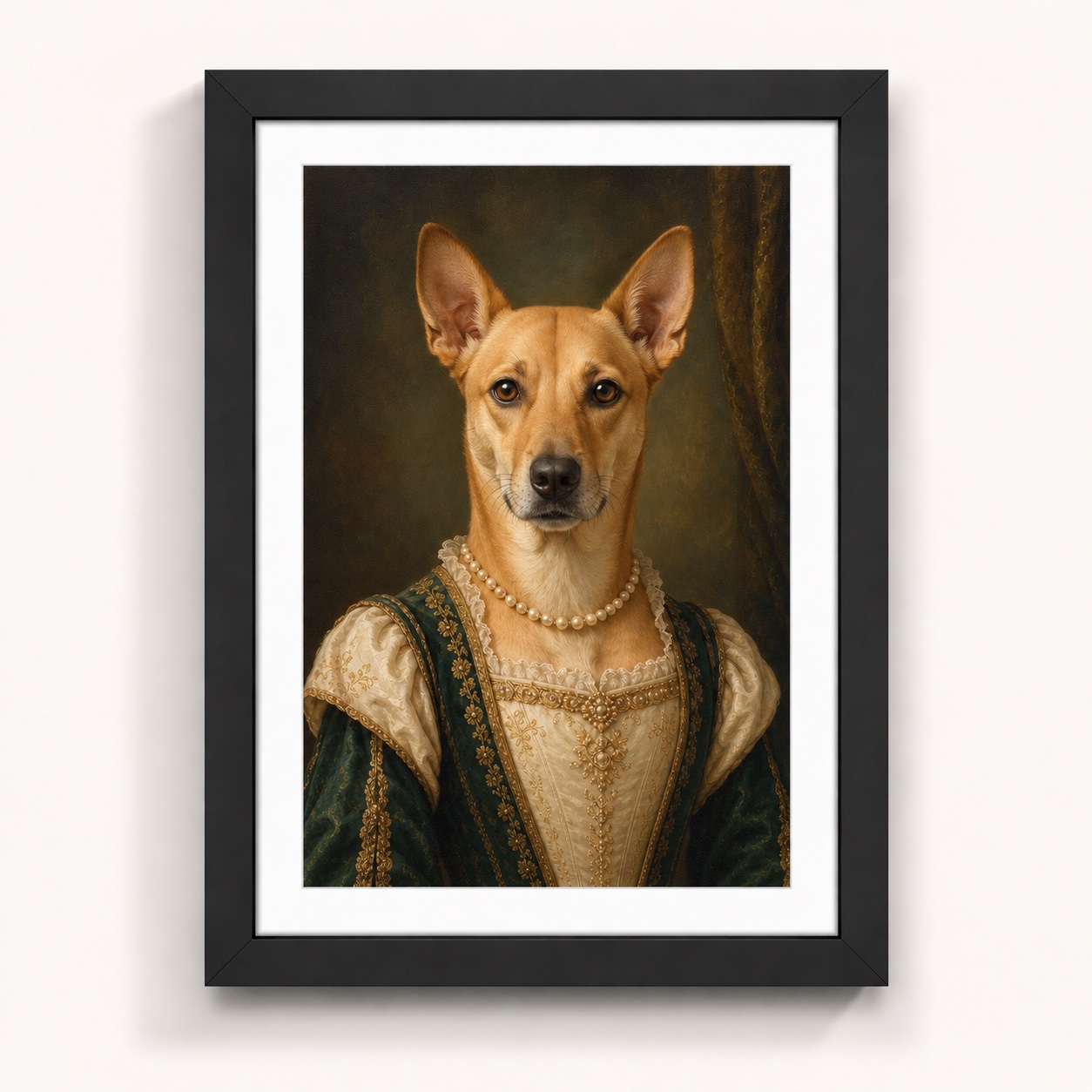 Proper Lady pet portrait displayed in a portrait A4 frame