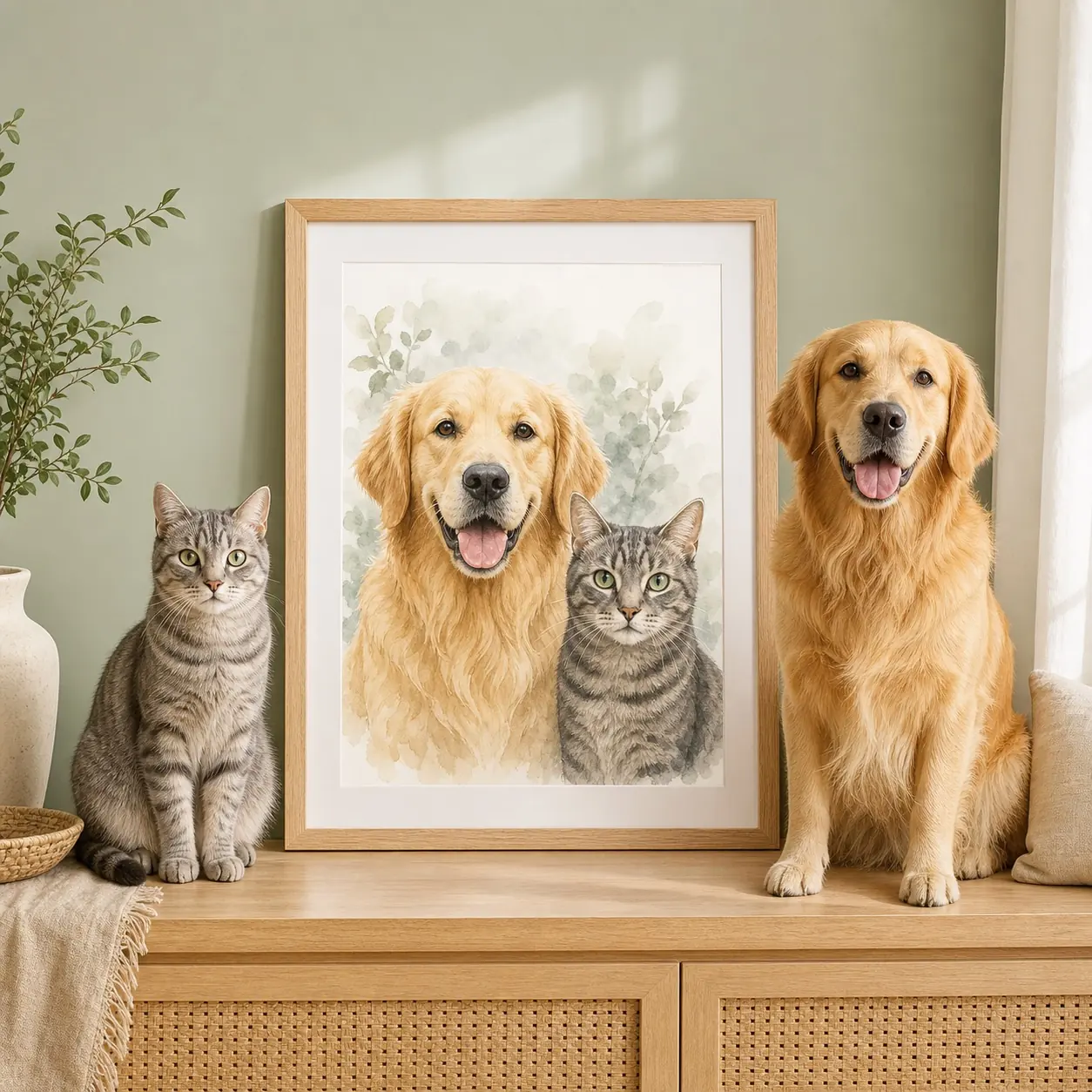 Framed portrait of a golden retriever and tabby cat