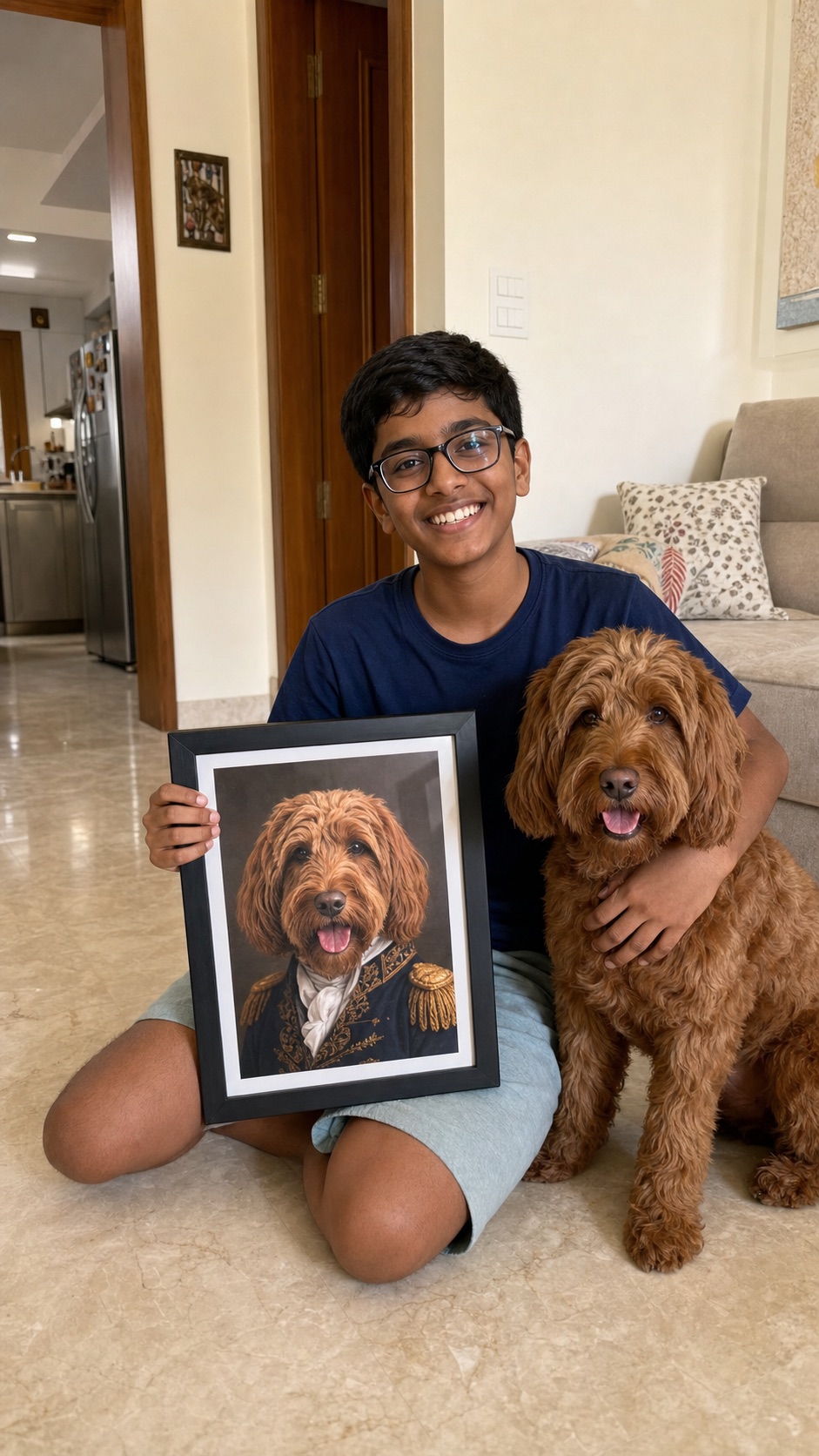 Young Indian boy smiling with his brown dog and a framed royal pet portrait